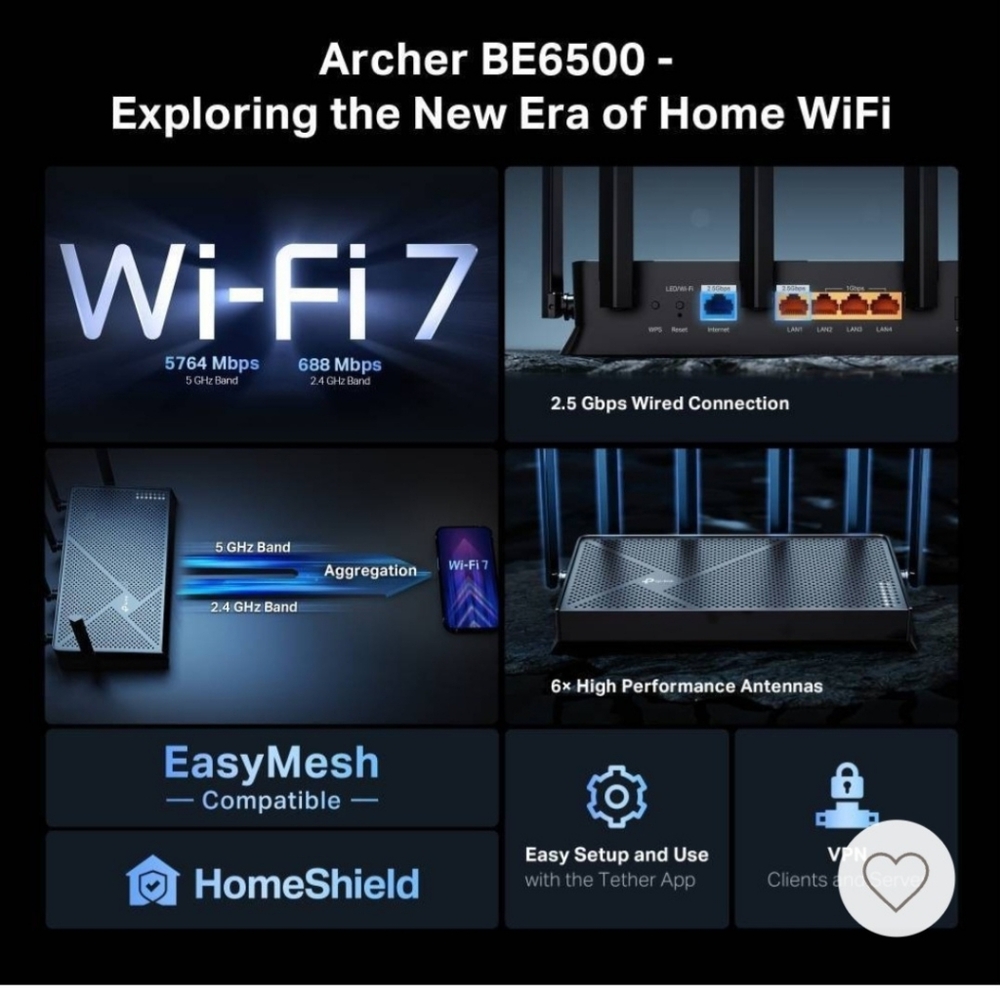 NIB TP-Link Archer BE6500 Wi-Fi 7 Mesh Router - Picture 3 of 8